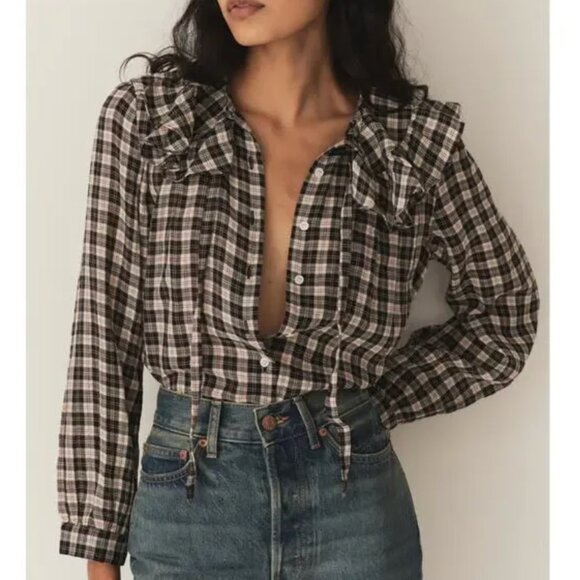 Doên Joelle Ruffled Checked Organic Cotton Top Navy Plaid Blouse Size Small - Picture 1 of 14